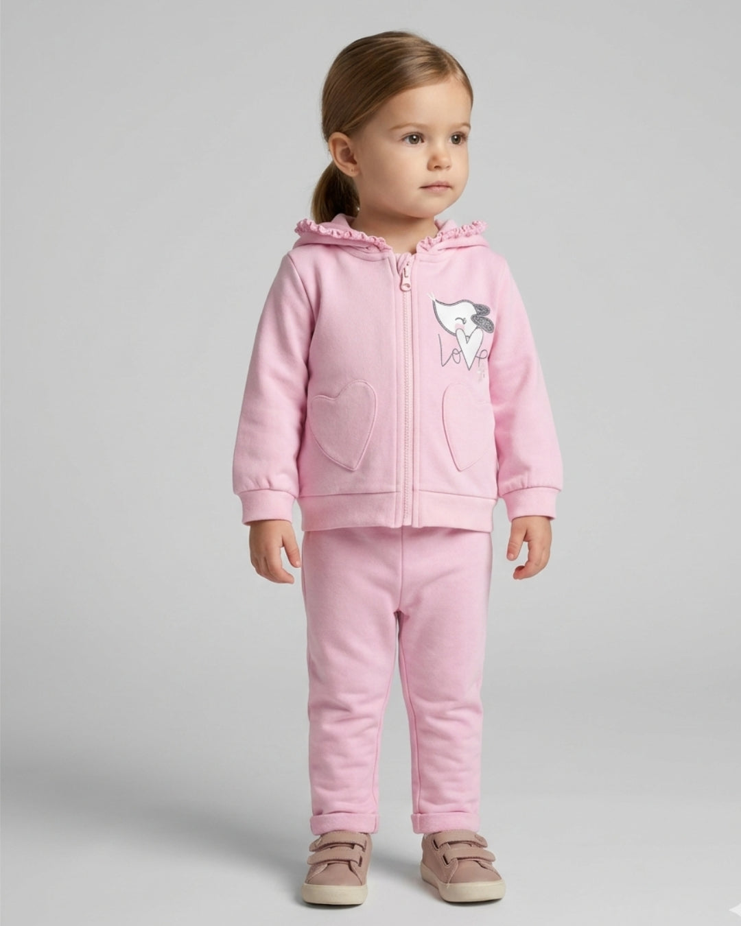 Completo Felpa Bambina in Cotone Elasticizzato con Cappuccio
