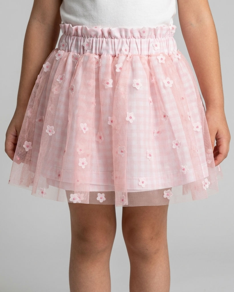 Gonna Bimba in Tulle con Micro-Fiori e Vita Elasticizzata