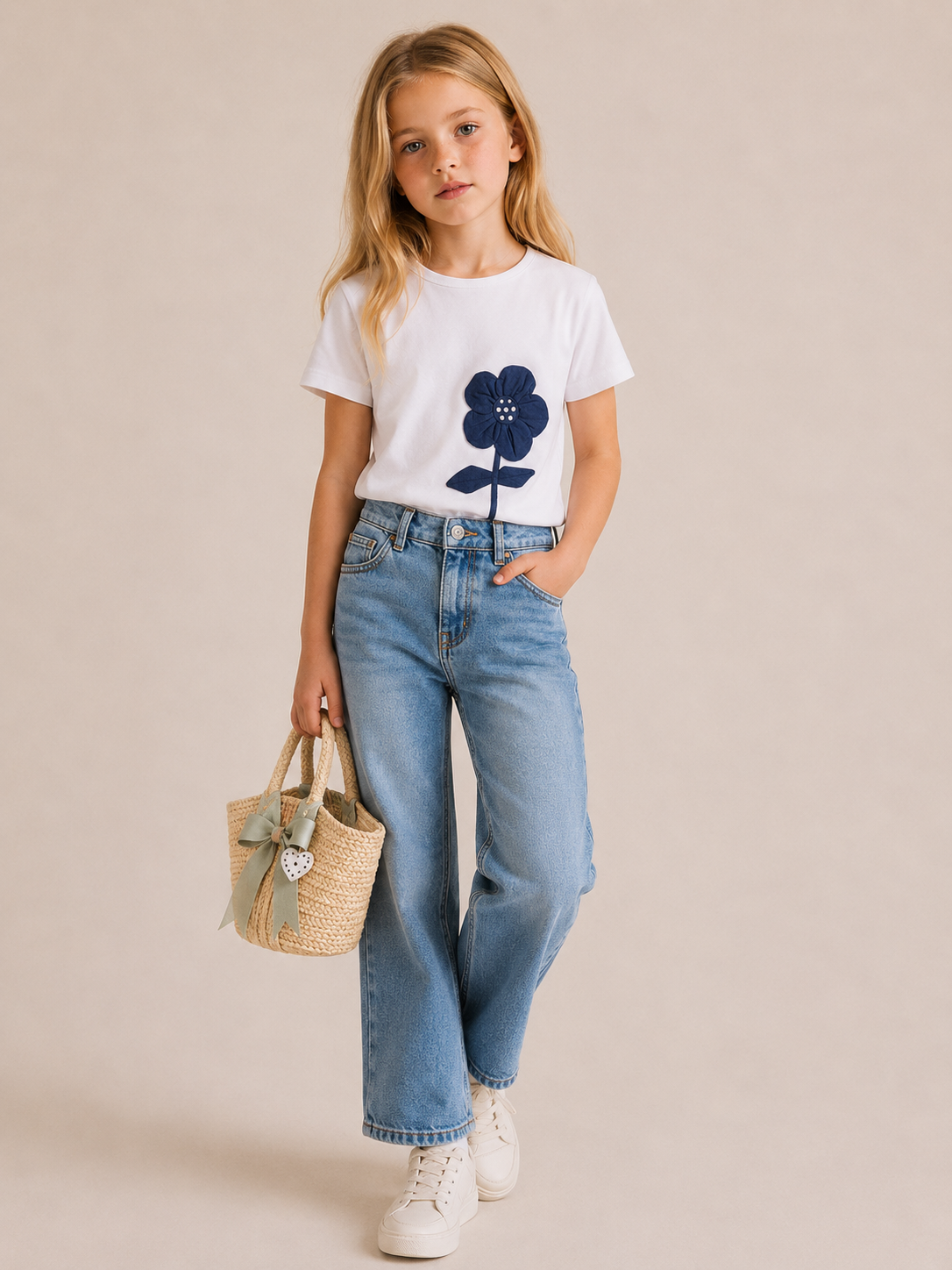 T-shirt Bimba in Cotone Bianco con Maxi Fiore Blu e Perline