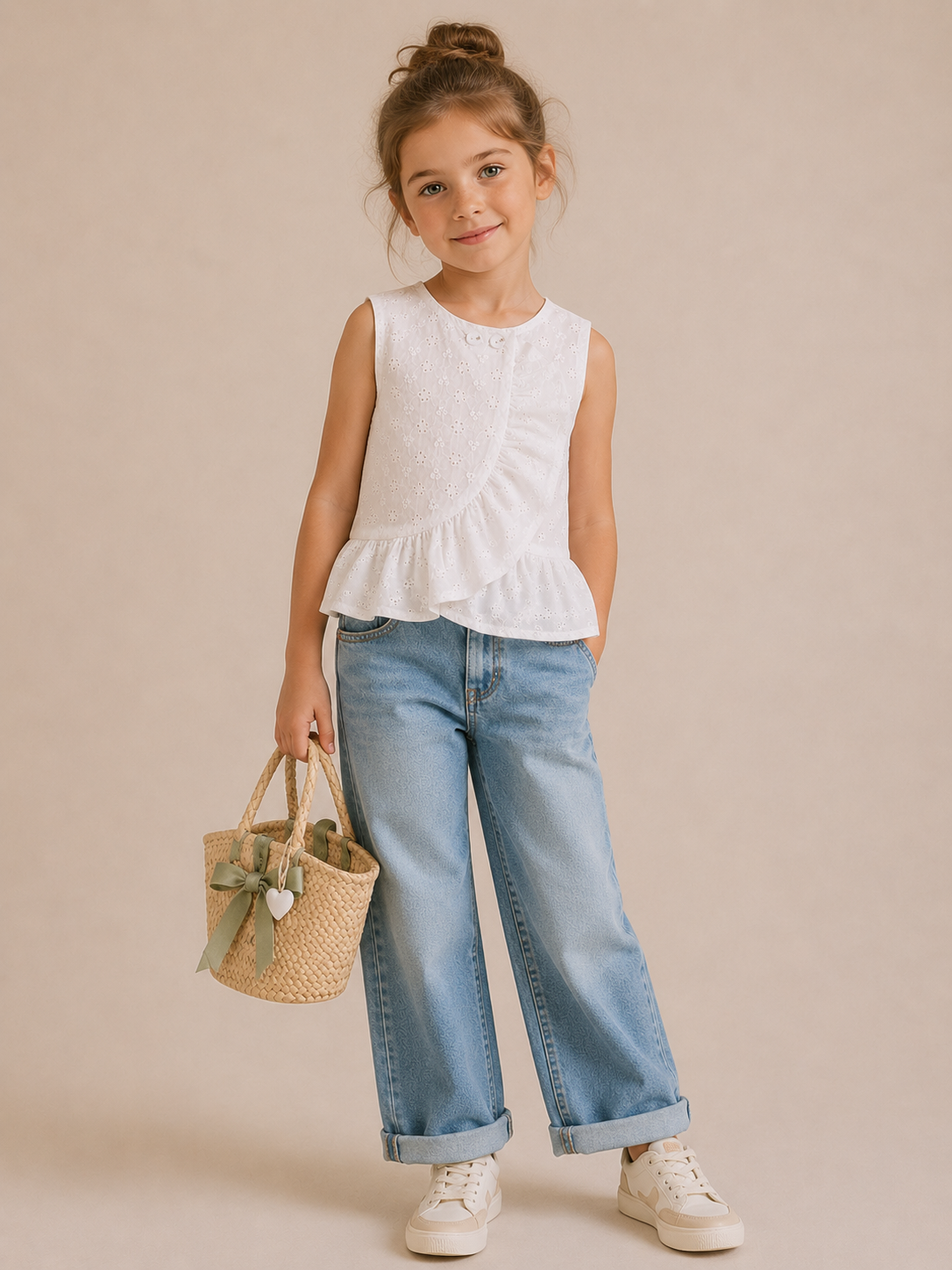 Top Smanicato Bimba in Cotone Sangallo Verde Acqua con Volant