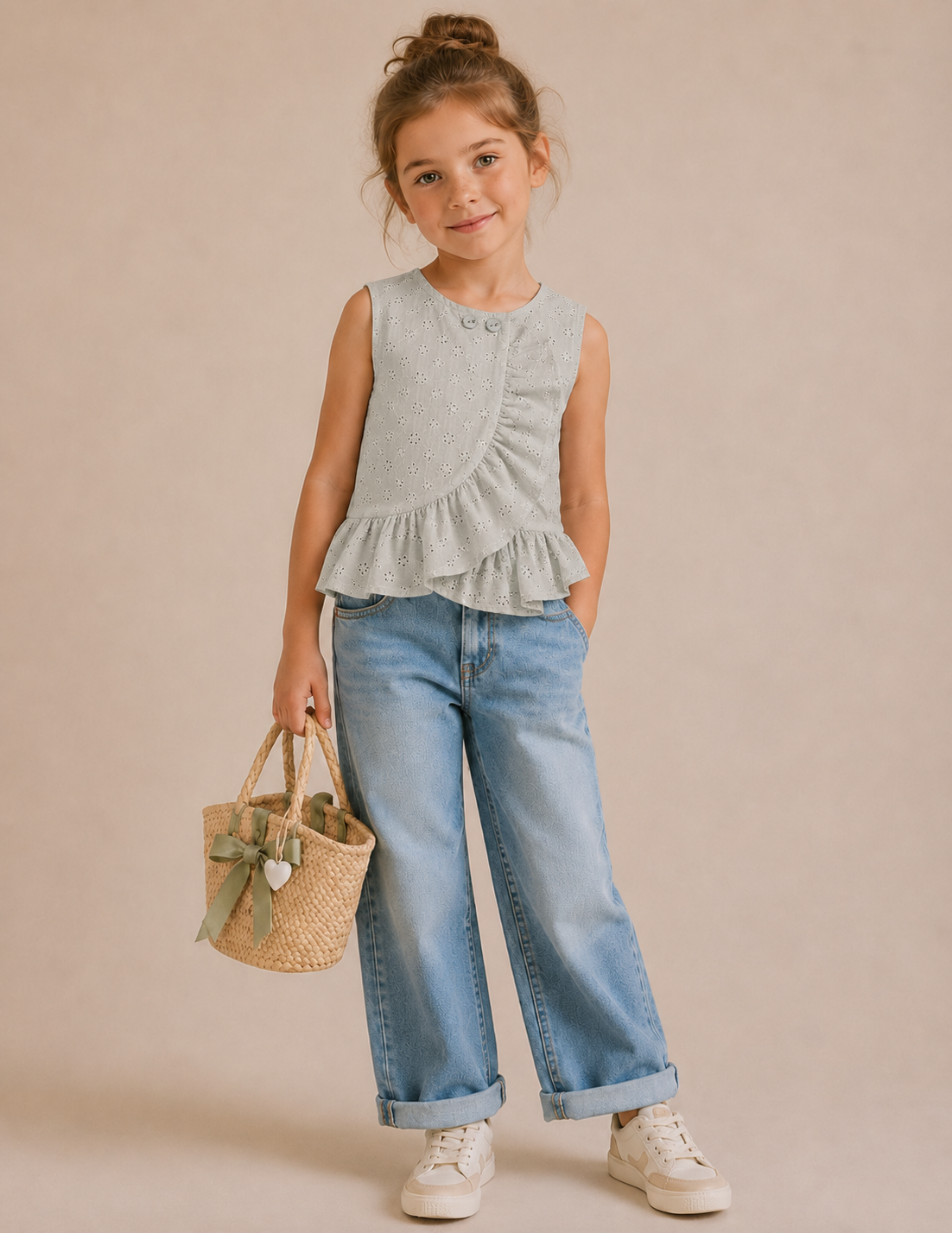 Top Smanicato Bimba in Cotone Sangallo Verde Acqua con Volant
