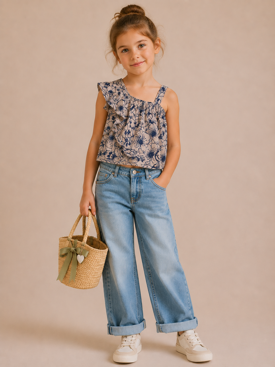 Top Bambina Smanicato in 100% Lino Bianco con Rouches