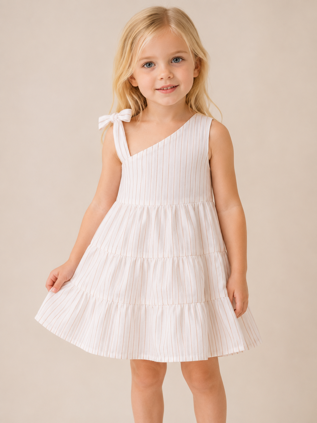 Abito Bambina in Puro Lino a Righe con Spallina a Fiocco