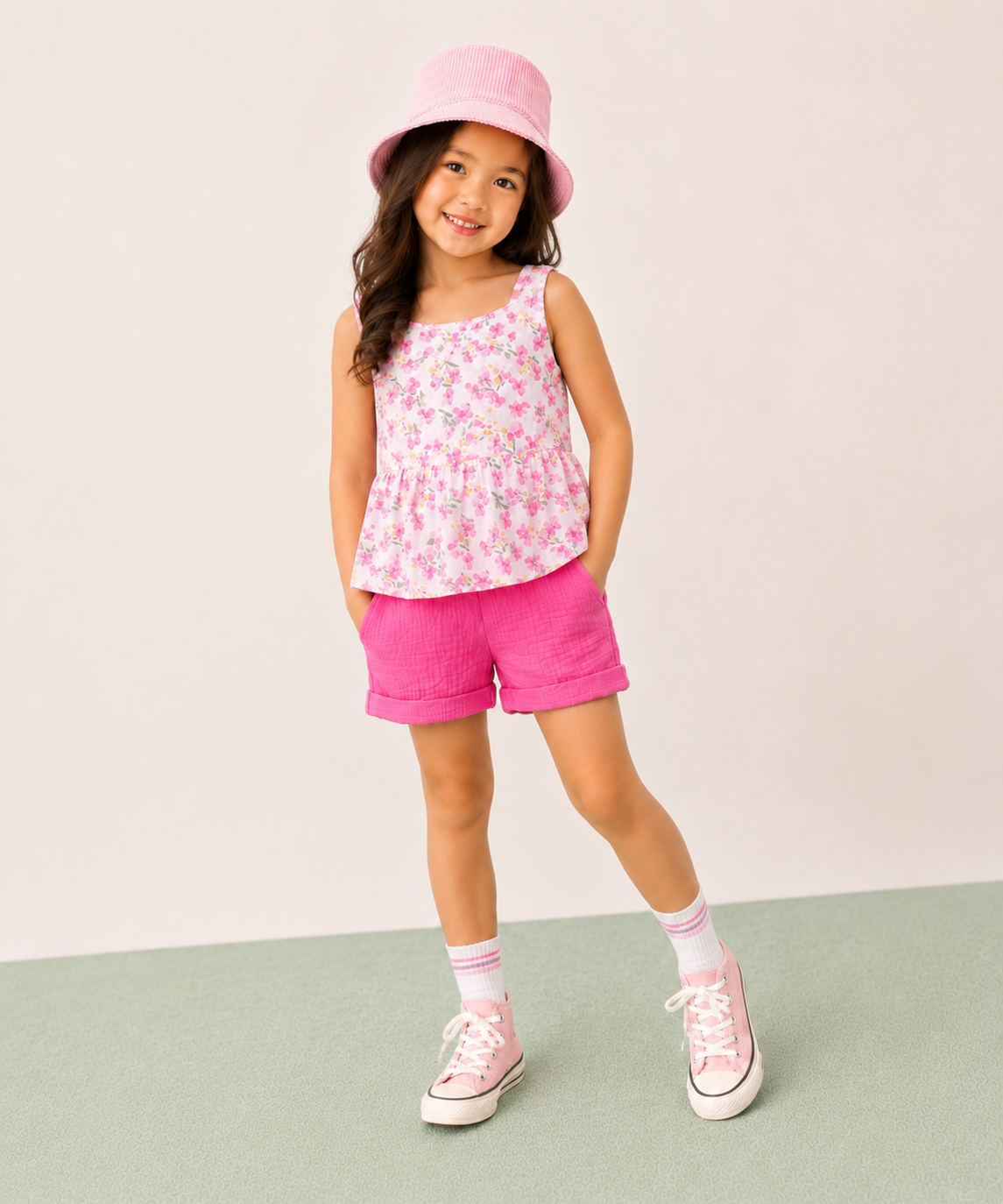 Completo Corto Bambina con Stampa Floreale