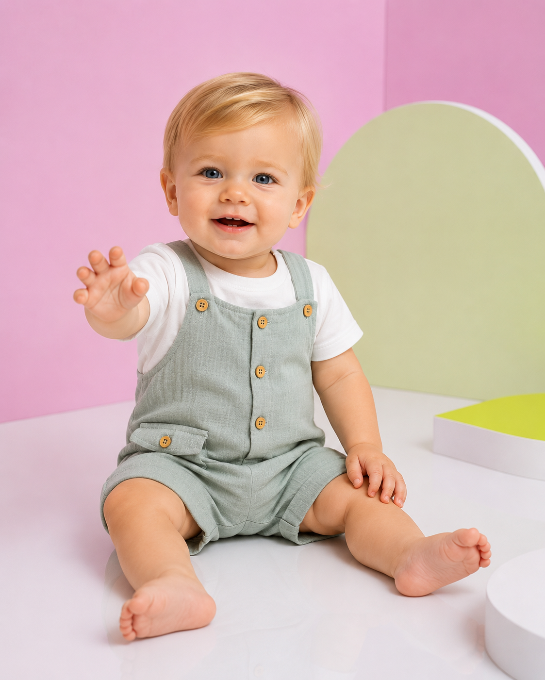 Completo Estivo Bambino Bianco e Verde Salvia con T-shirt e Salopette in Cotone