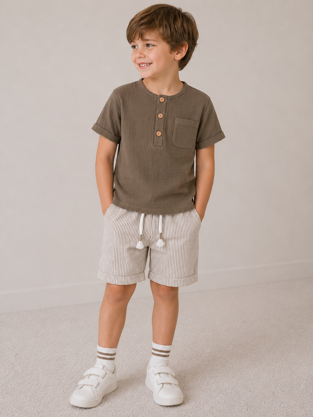 Completo Estivo Bambino 100% Cotone Marone e Beige Safari