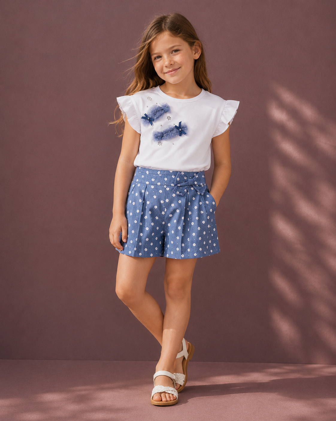 Completo Estivo Bimba Bianco e Blu con Applicazioni Caramella e Fiocco