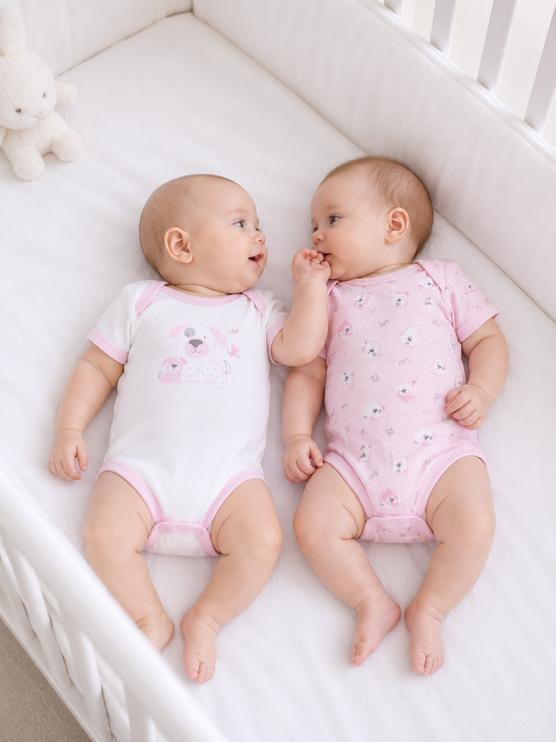 Set 6 Body Neonato Scollo Americano in Puro Cotone Certificato Oeko-Tex Grafica "Puppy"