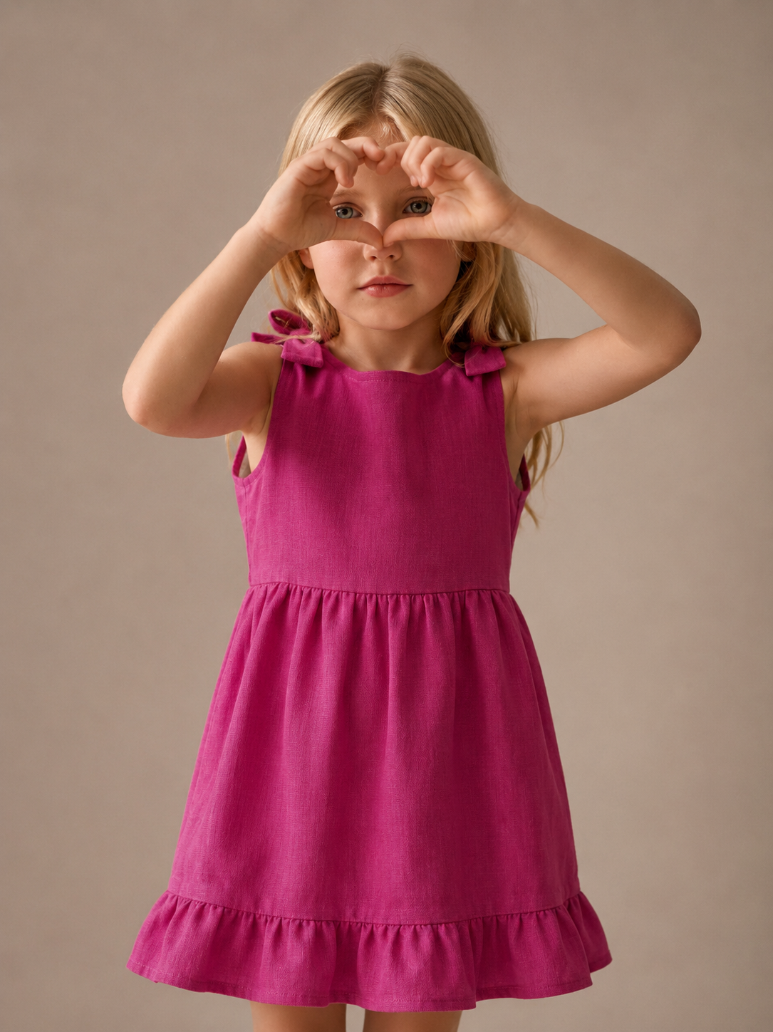 Abito Bambina 100% Lino Fucsia con Rouches e Zip