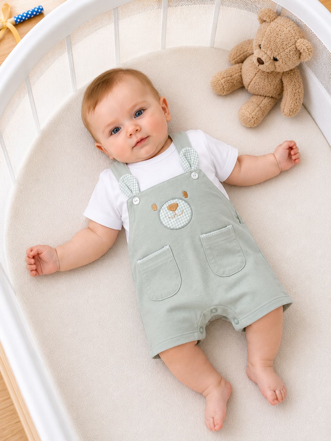 Pagliaccetto Neonato Effetto Salopette con Orsetto e Tasche