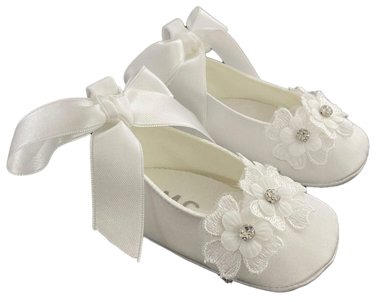 Scarpette Ballerine Neonata in Raso Bianco con Fiori e Strass