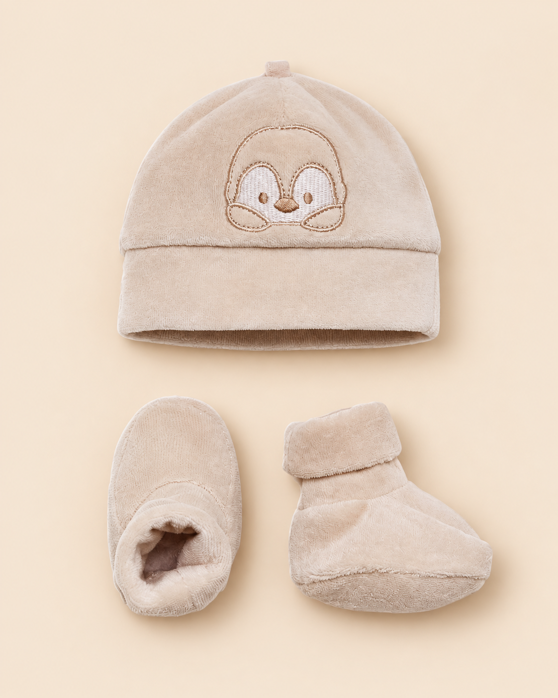 Set Berretto e Scarpette Neonato in Ciniglia Beige e Verde
