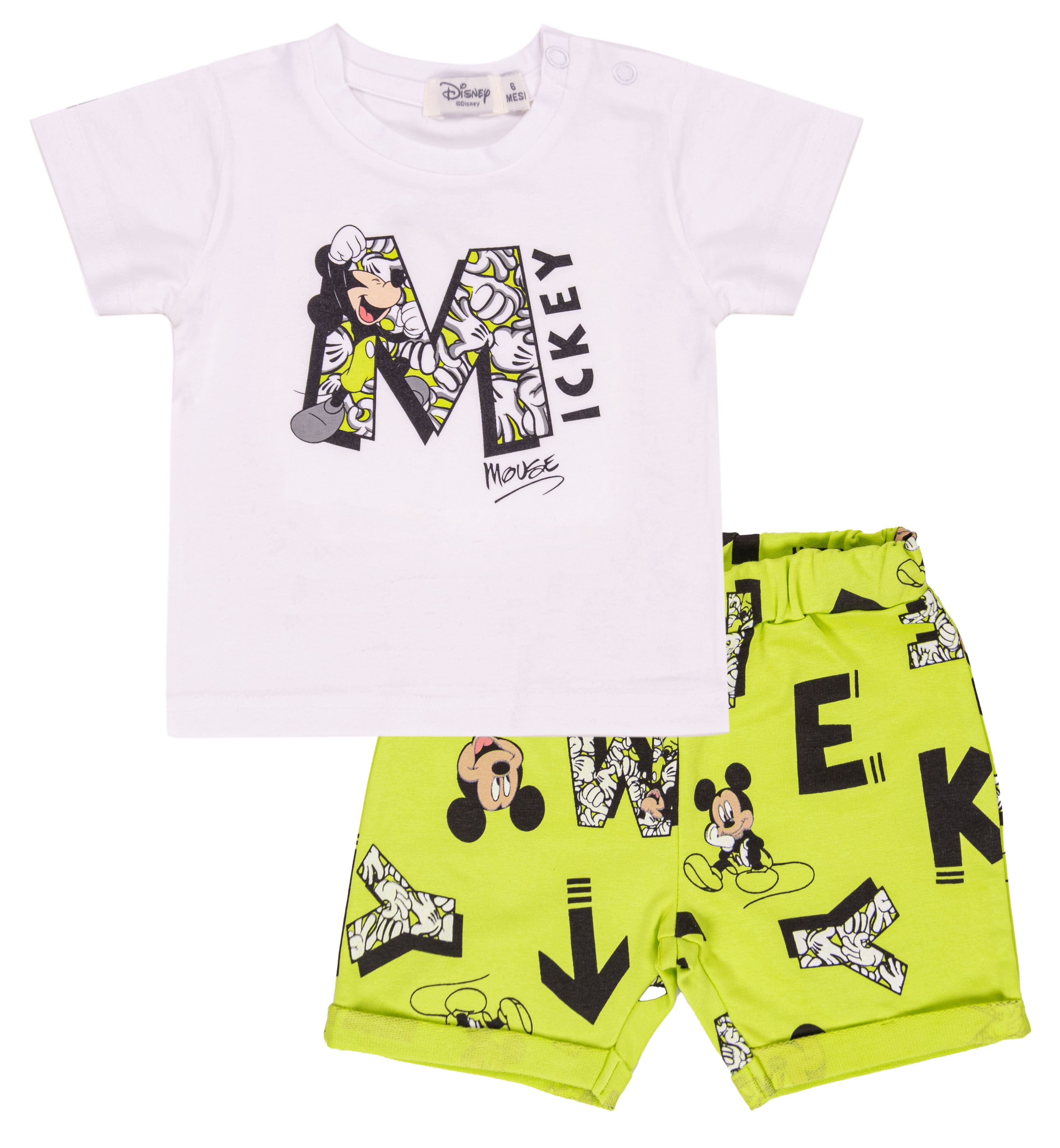 Completo Estivo Bambino Disney Mickey Mouse Bianco e Giallo Lime