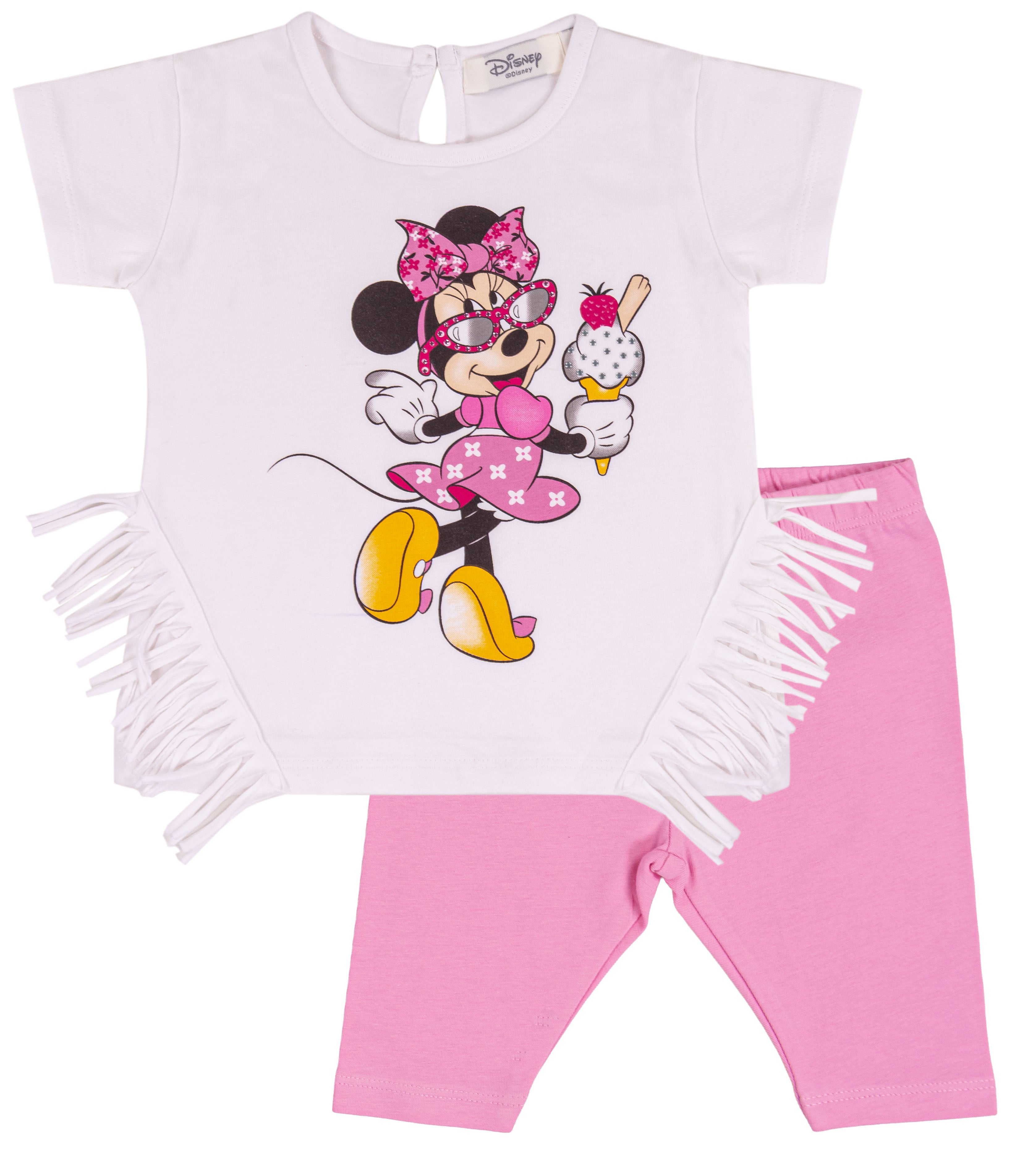Completo Estivo Bambina Disney Minnie Mouse Rosa e Bianco con Frange