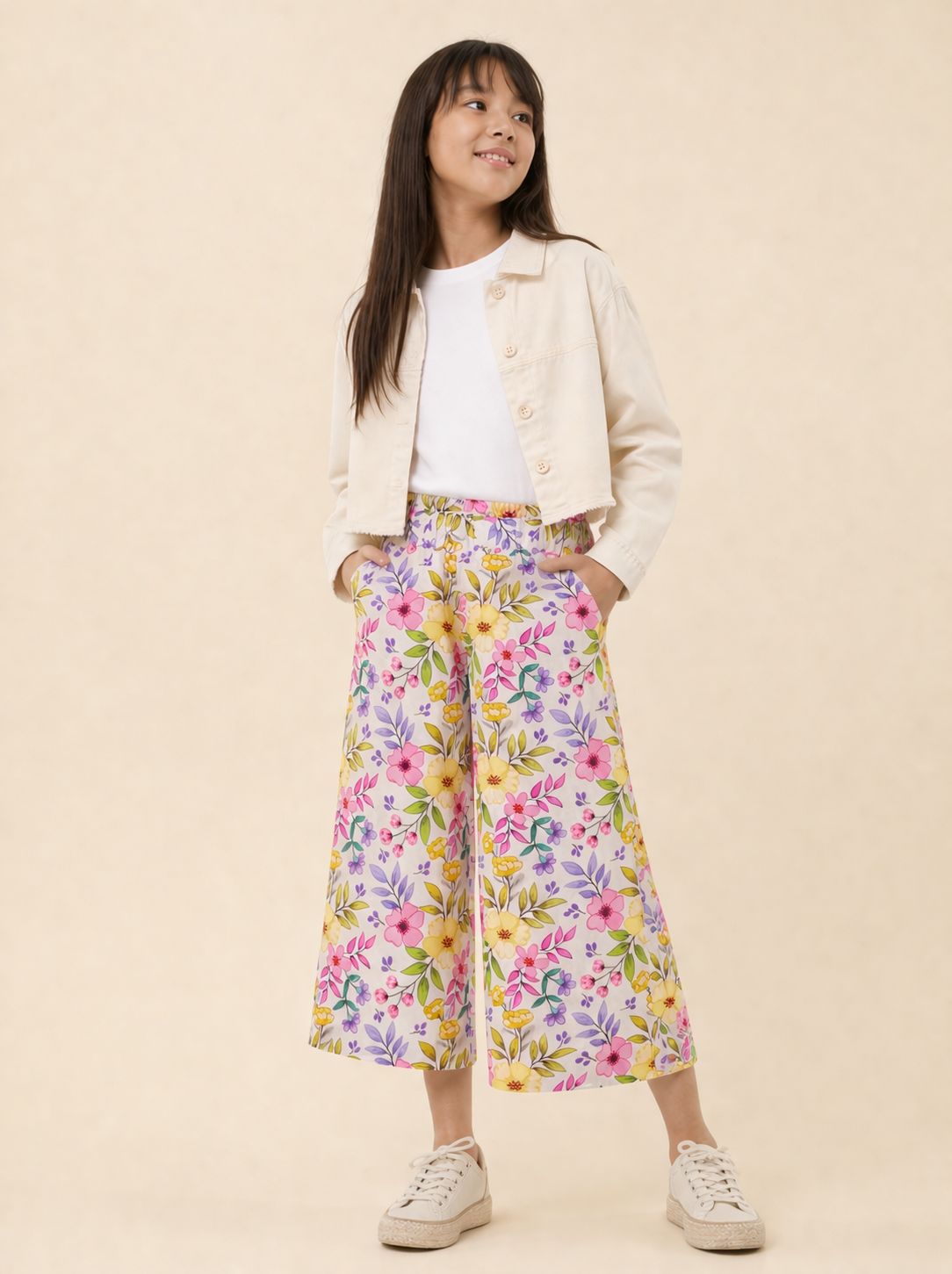 Pantalone Culotte Bambina a Fiori in 100% Viscosa con Gamba Ampia
