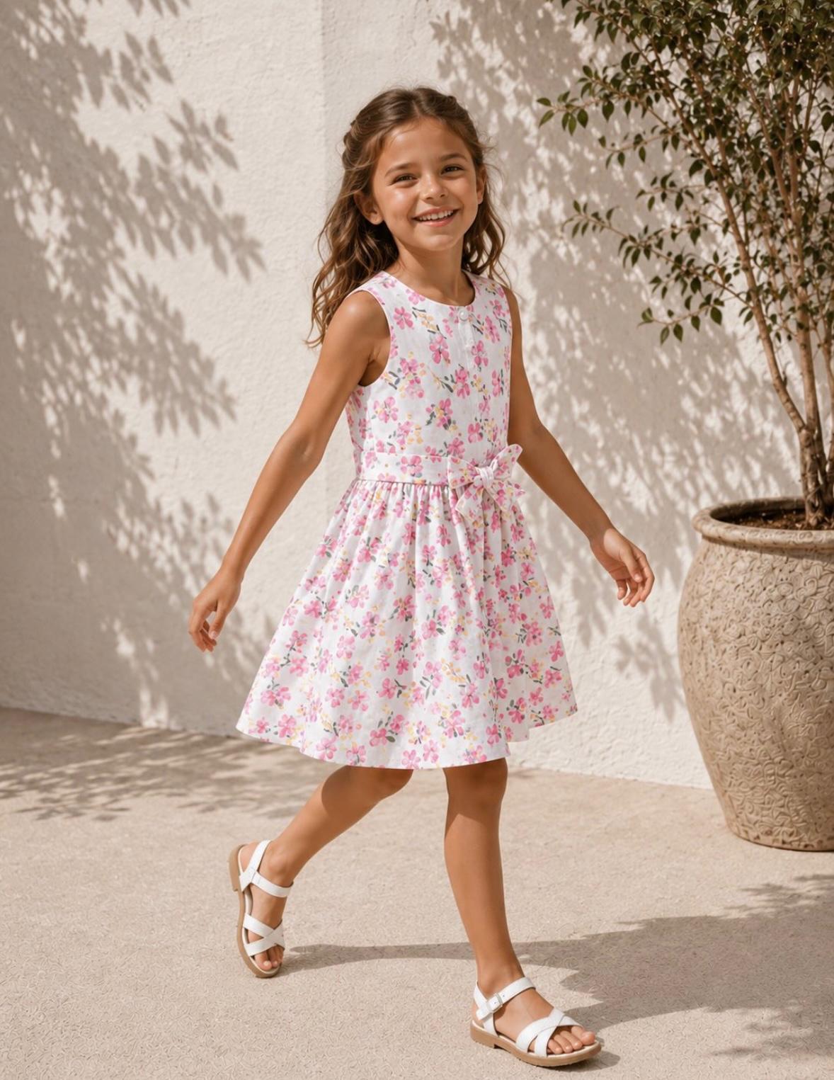 Vestito Bambina Misto Cotone con Fiorellini Fucsia e Gialli