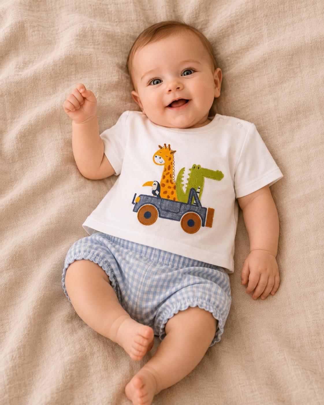 T-shirt Bambino in Cotone Elasticizzato con Stampa Animaletti Safari