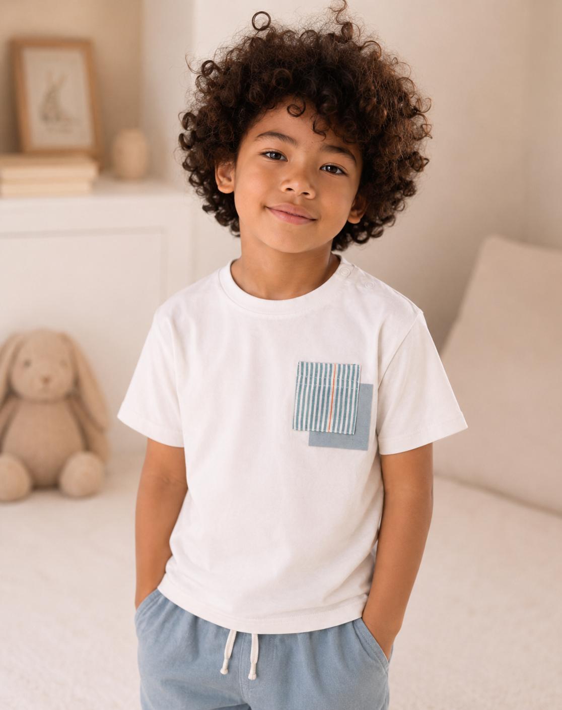 T-shirt Bambino in Cotone Bianco con Taschino a Righe