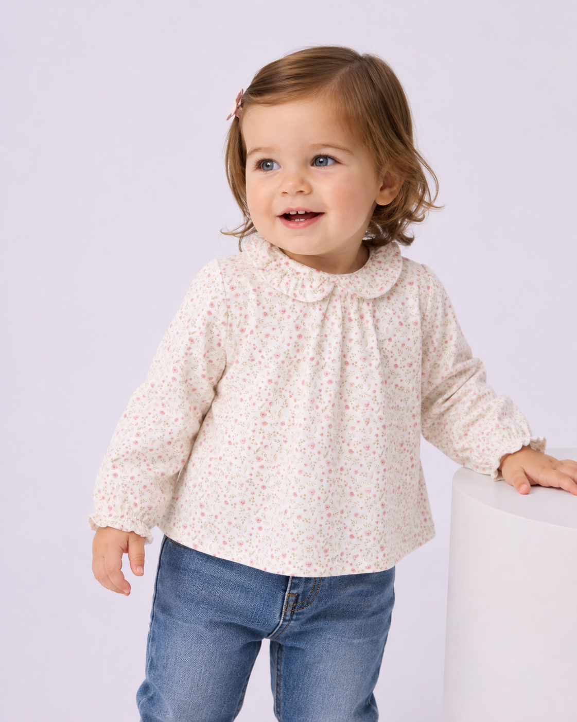 Blusa Bimba a Fiorellini Rosa con Collo a Balza