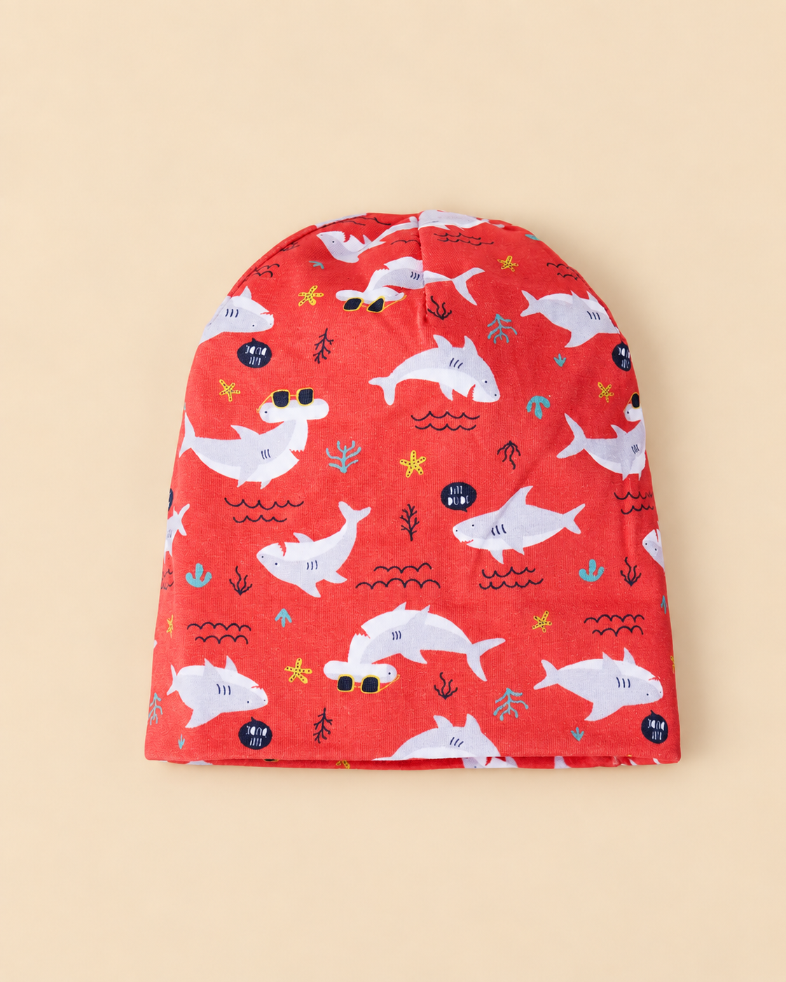 Cappellino Beanie Bambino in Cotone Rosso con Squali
