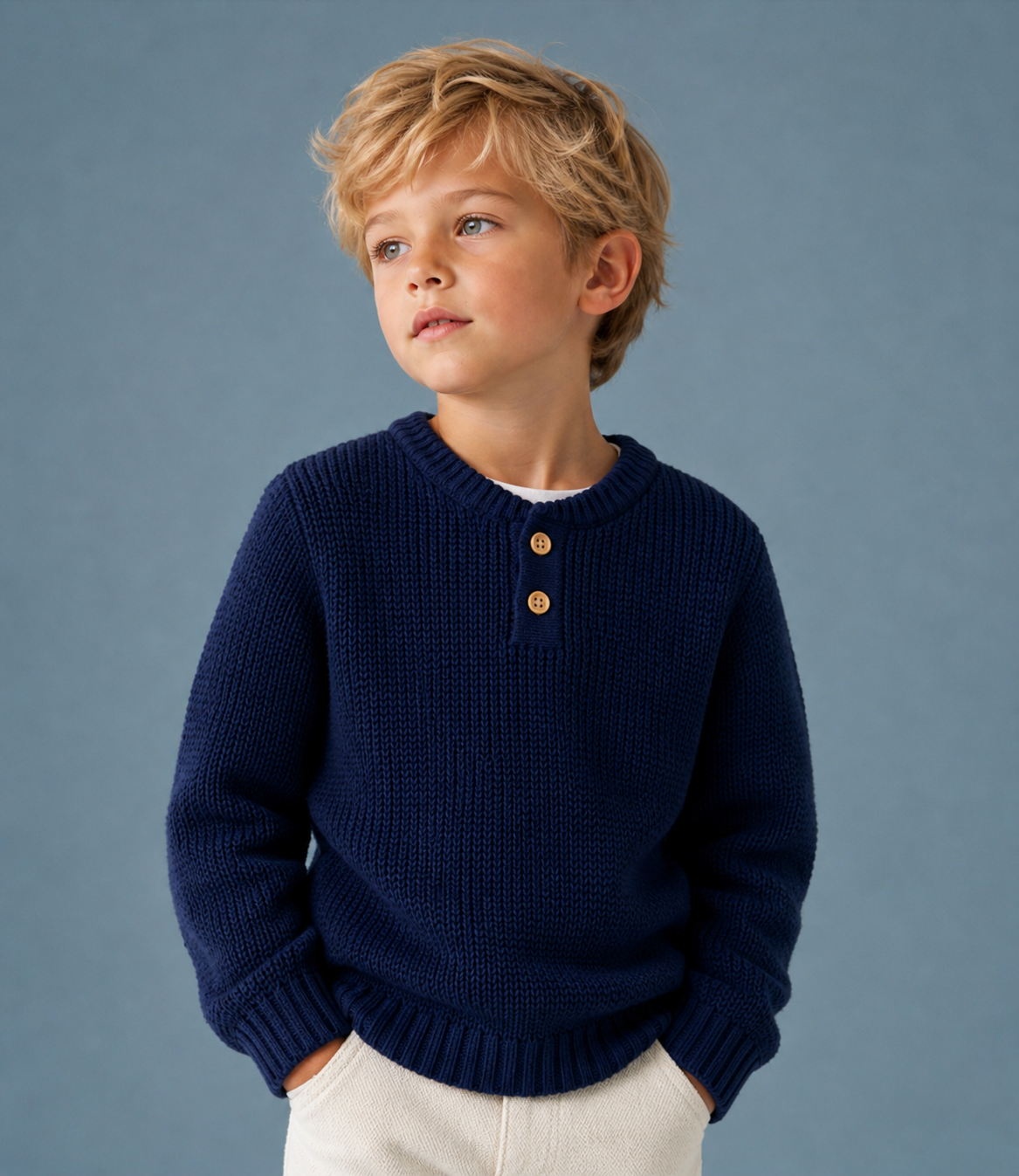 Maglioncino Bambino Blu Navy in 100% Cotone con Lavorazione a Nido d'Ape
