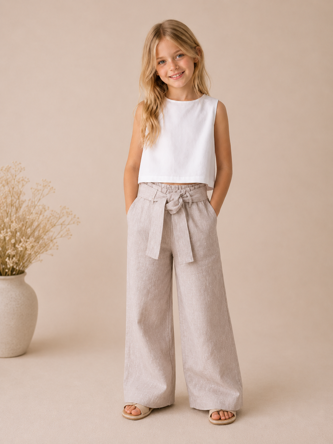 Pantalone Lungo Bambina Gamba Larga 100% Lino con Fiocco