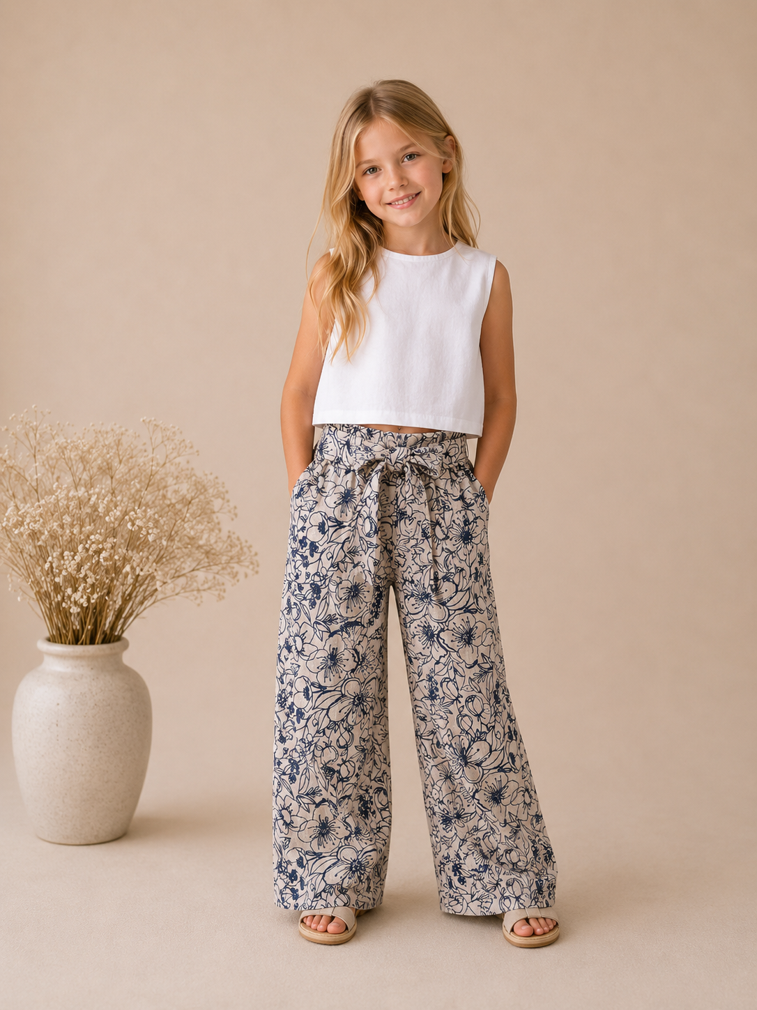 Pantalone Lungo Bambina Gamba Larga 100% Lino con Fiocco