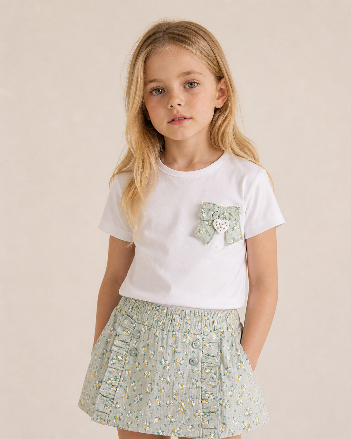 Completo Estivo Bambina in Cotone con Short Floreale e Fiocco