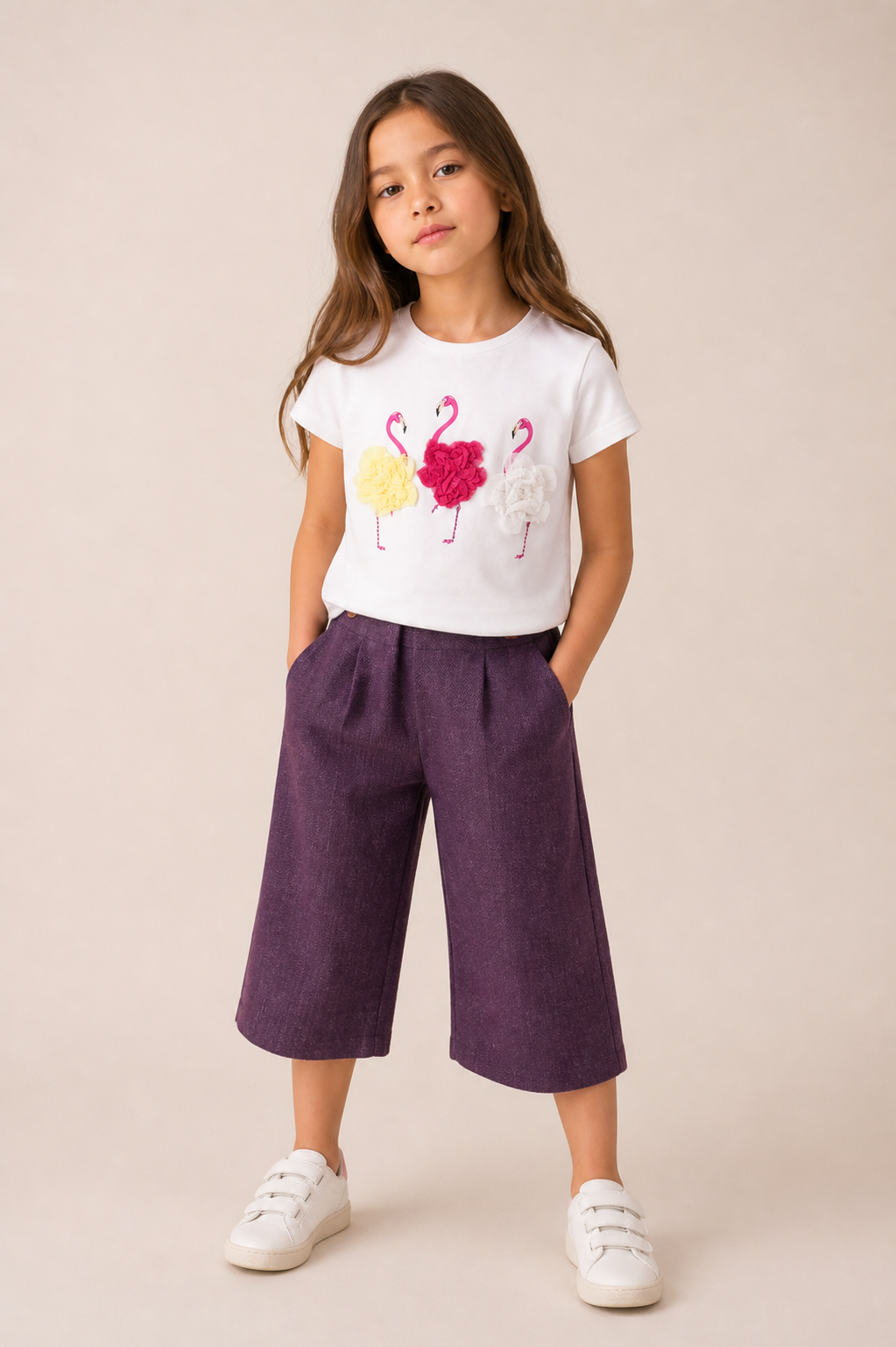 T-shirt Bambina in Cotone Elasticizzato con Fenicotteri Tridimensionali