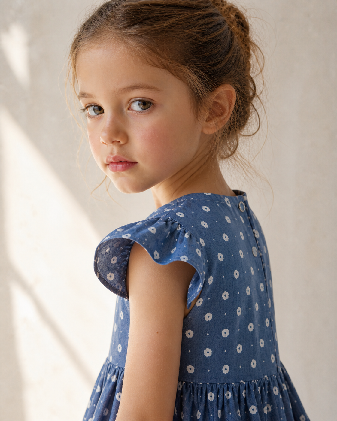 Vestito Bambina 100% Cotone Blu a Fiorellini Bianchi