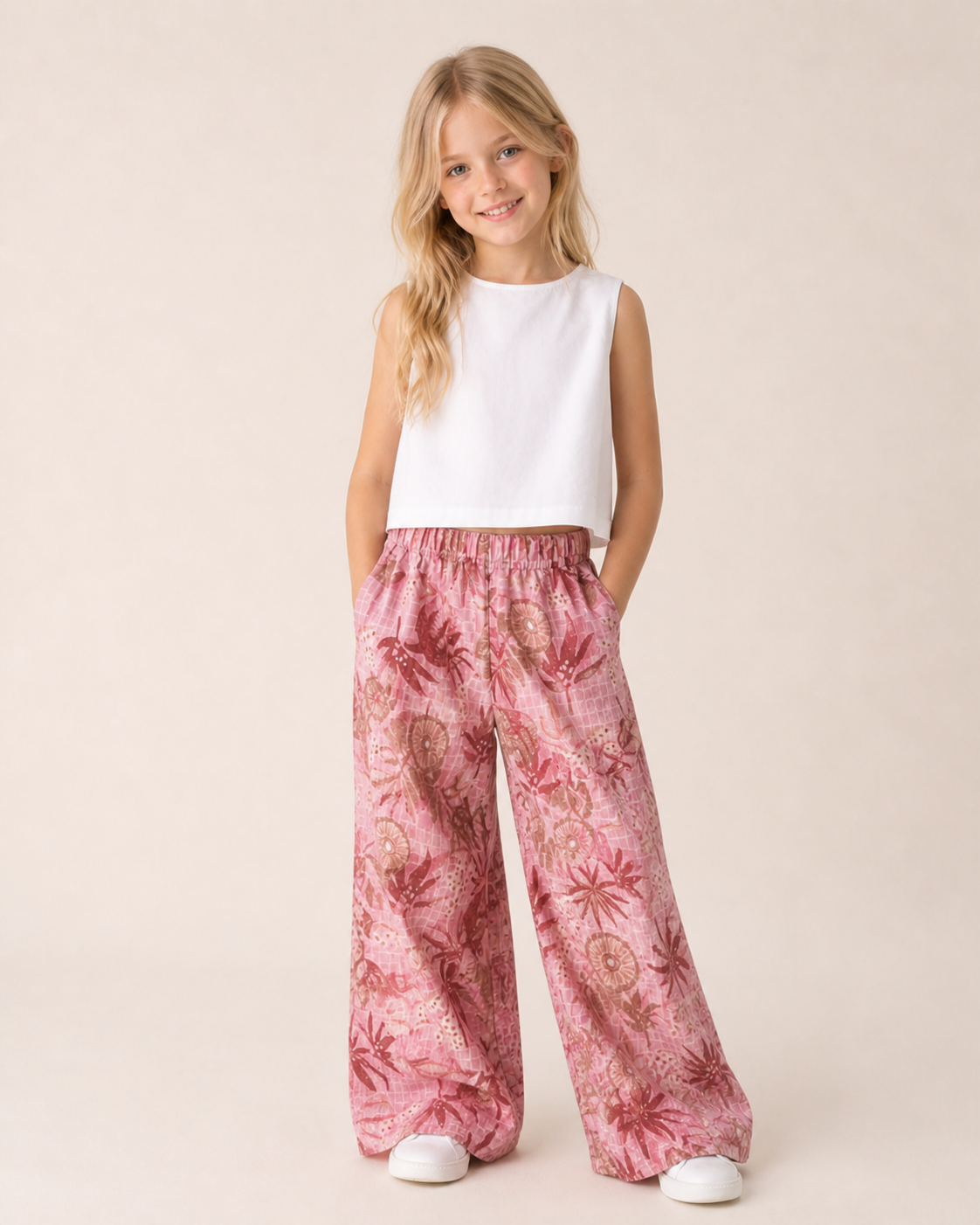 Pantalone Lungo Bambina in Puro Cotone con Stampa Tropicale
