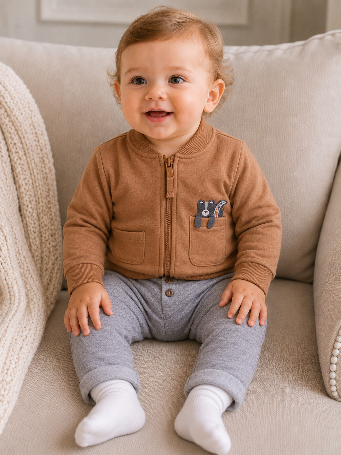 Completo Bimbo EMC con Felpa Zip Color Cuoio e Pantalone Grigio
