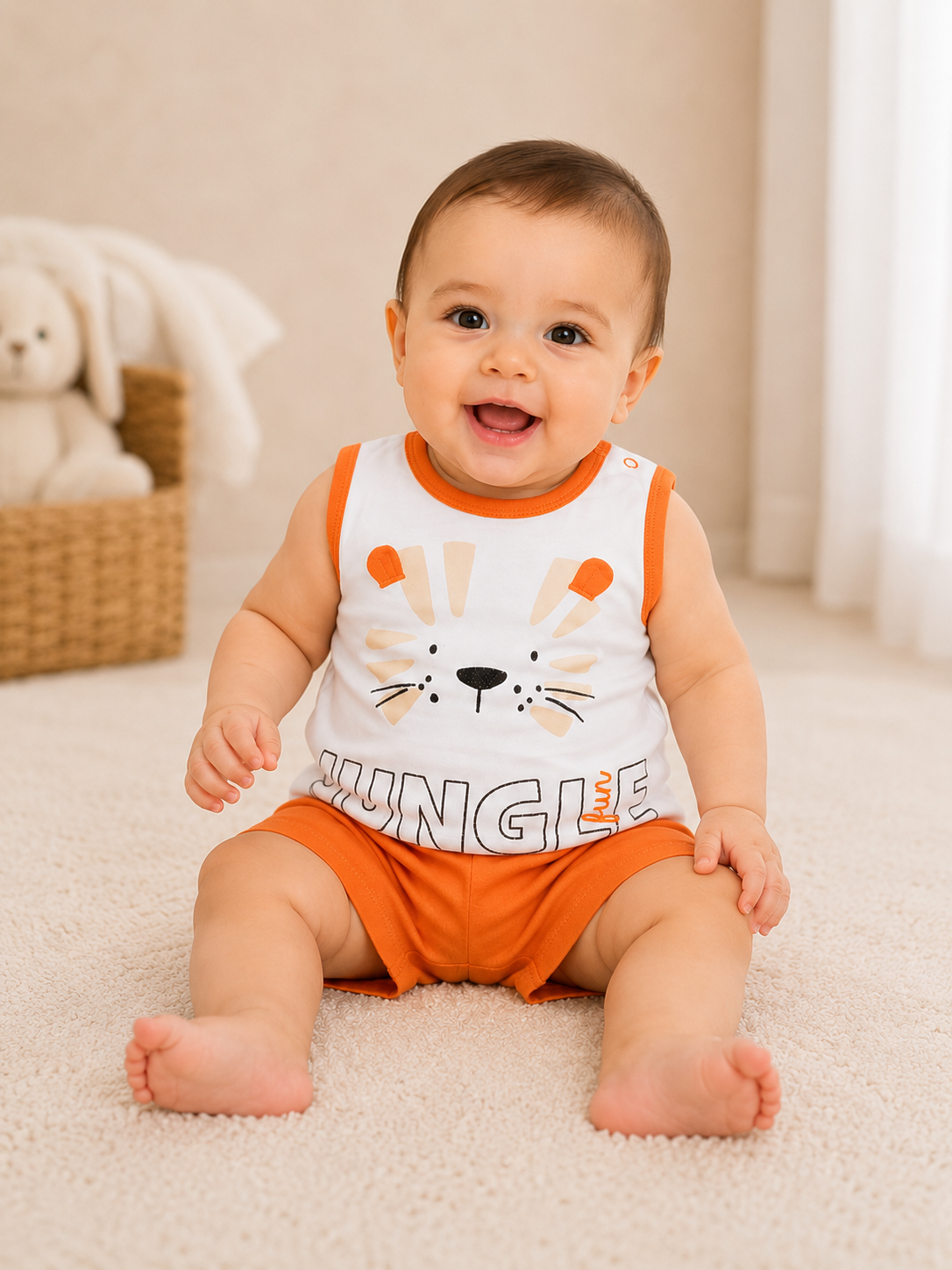 Completo neonato Jungle 9-12 mesi con canotta bianca senza maniche stampa tigre e pantaloncini arancioni, indossato da bambino in ambientazione indoor.