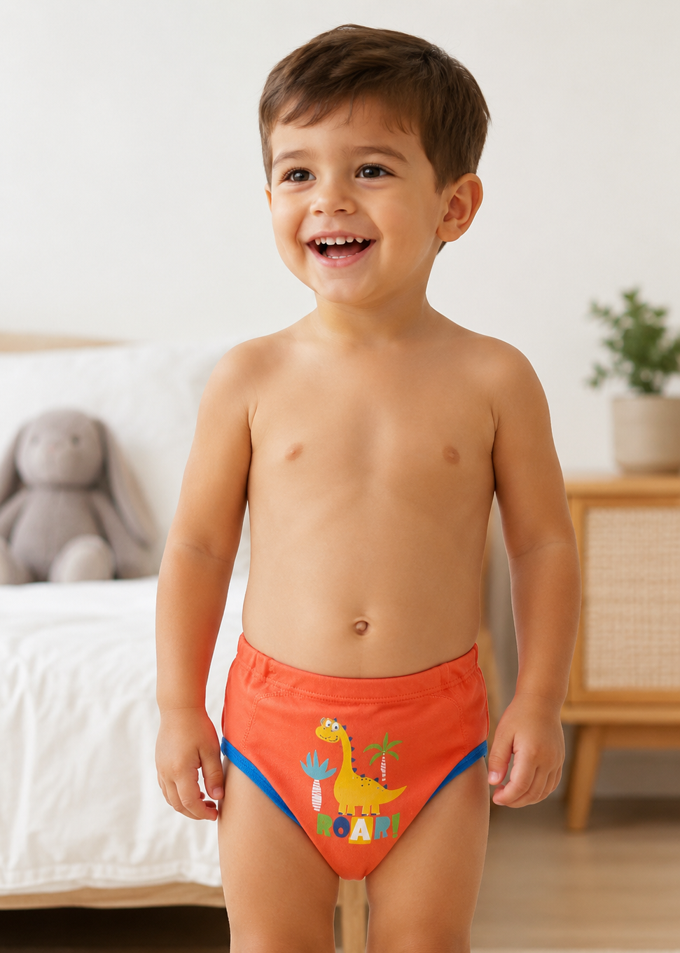 Bambino indossa mutandina apprendimento Ellepi arancione con stampa dinosauro — set da 3 in 100% cotone