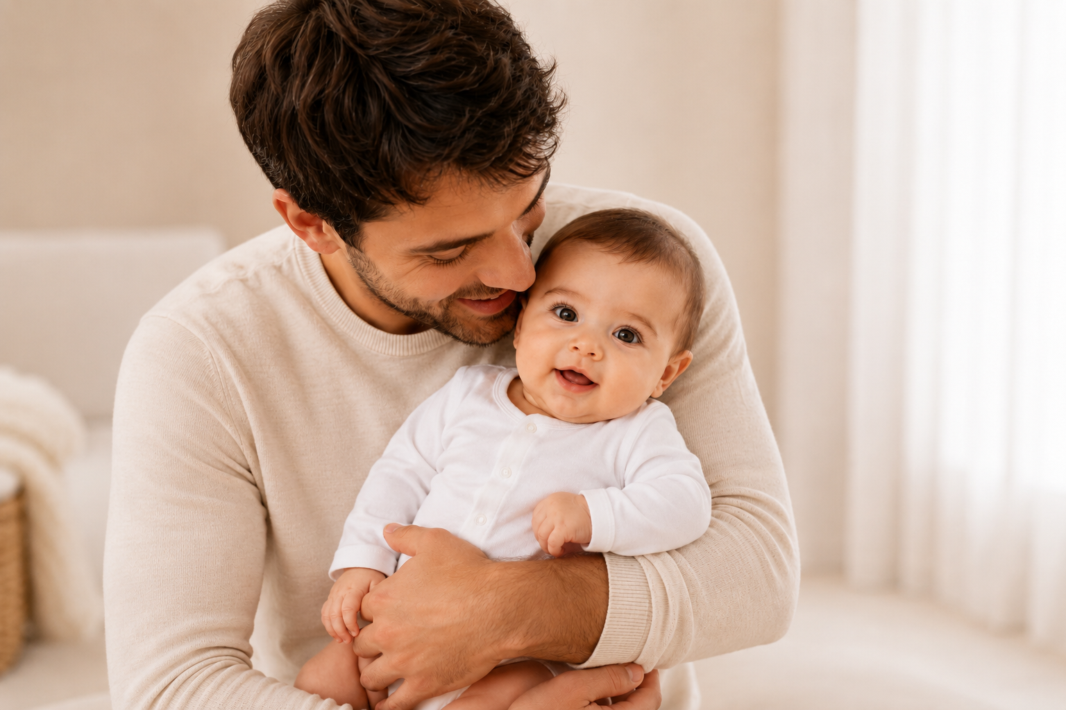 Papà abbraccia neonato sorridente in body manica lunga bianco Ellepi — intimo neonato in cotone certificato OEKO-TEX
