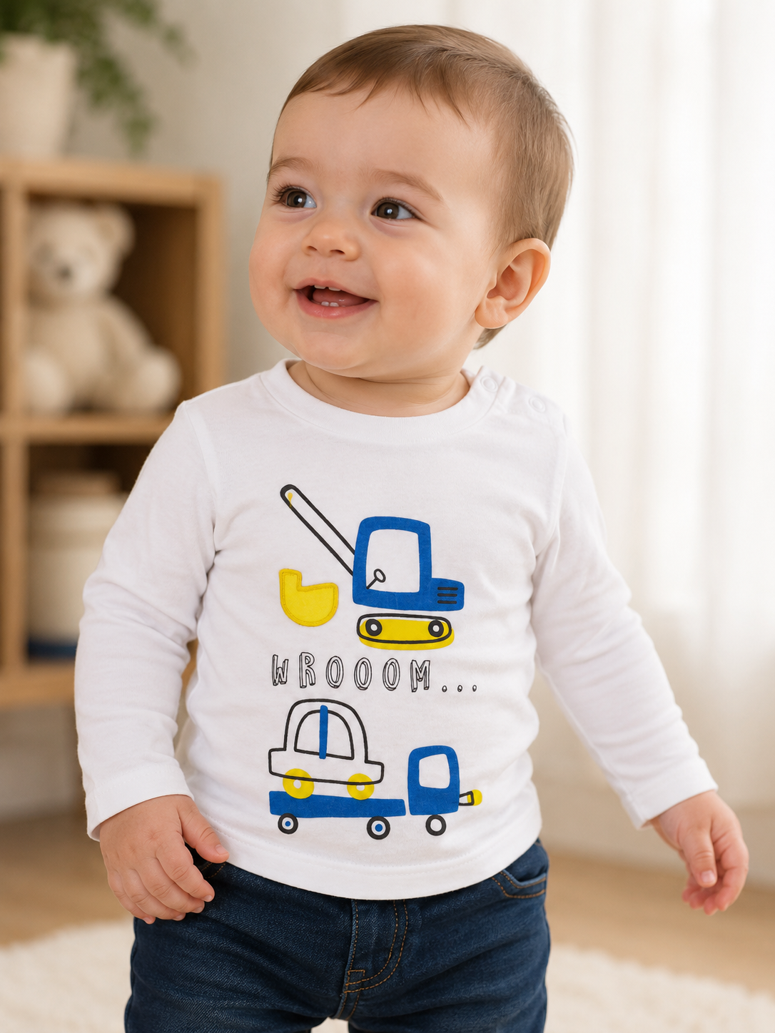 Bambino indossa t-shirt manica lunga EMC Ellepi con stampa ruspa e camion Wroom — cotone elasticizzato, taglie 3M-5A