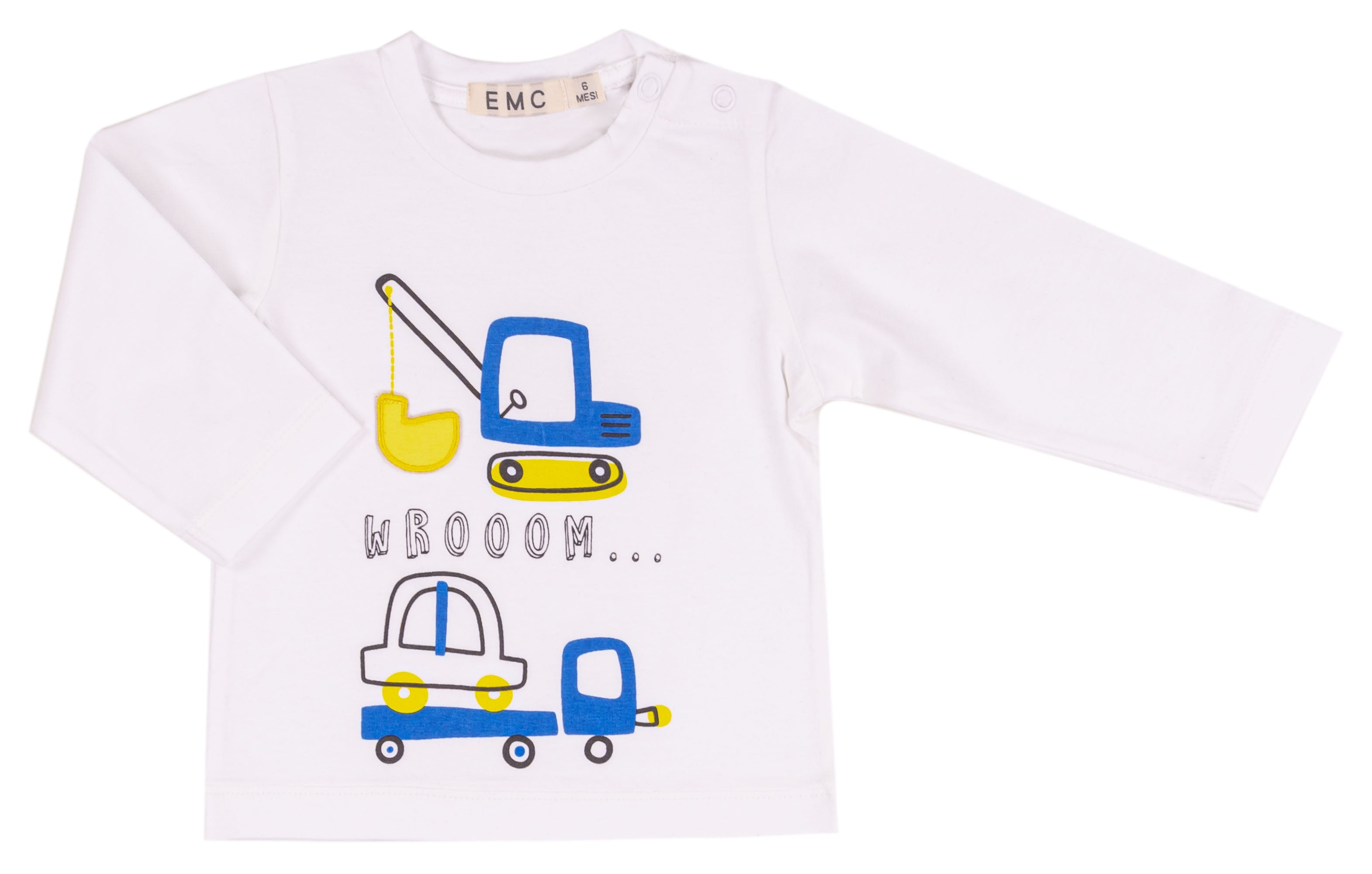 T-shirt bambino manica lunga EMC Ellepi stampa ruspa camion Wroom — 95% cotone 5% elastan, bottoni a pressione sulla spalla
