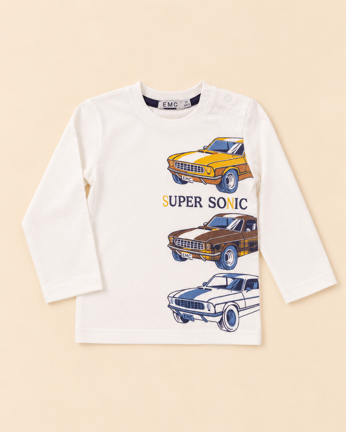 T-shirt Bimbo EMC Bianca con Stampa Auto Super Sonic