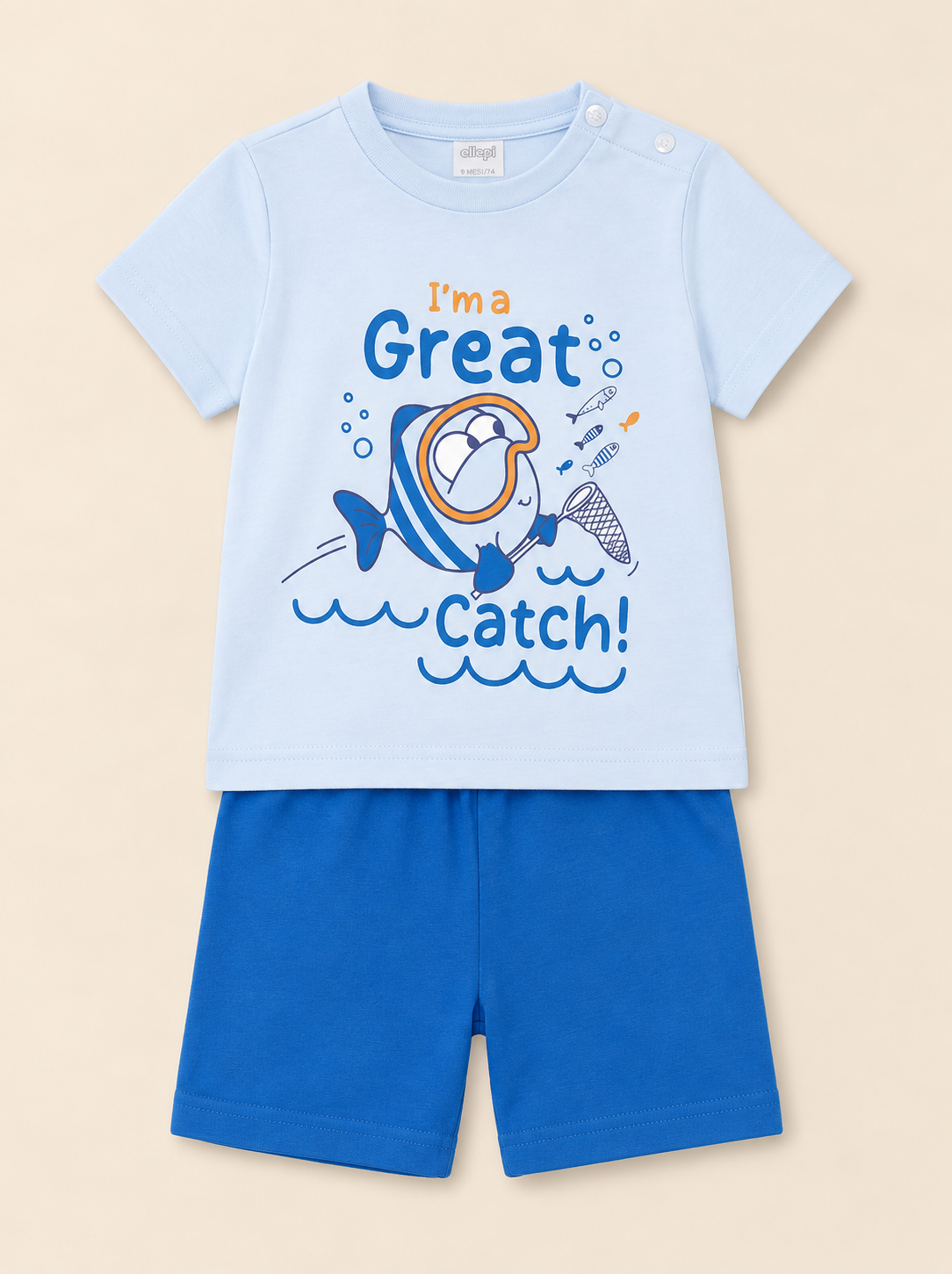 Pigiama Corto in Cotone con Grafica "Great Catch"