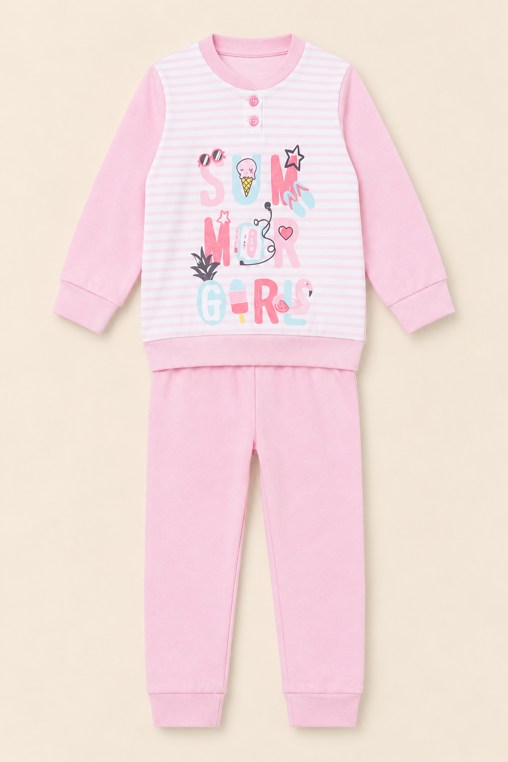 Pigiama Lungo Bambina in Cotone con Grafica "Summer Girl"