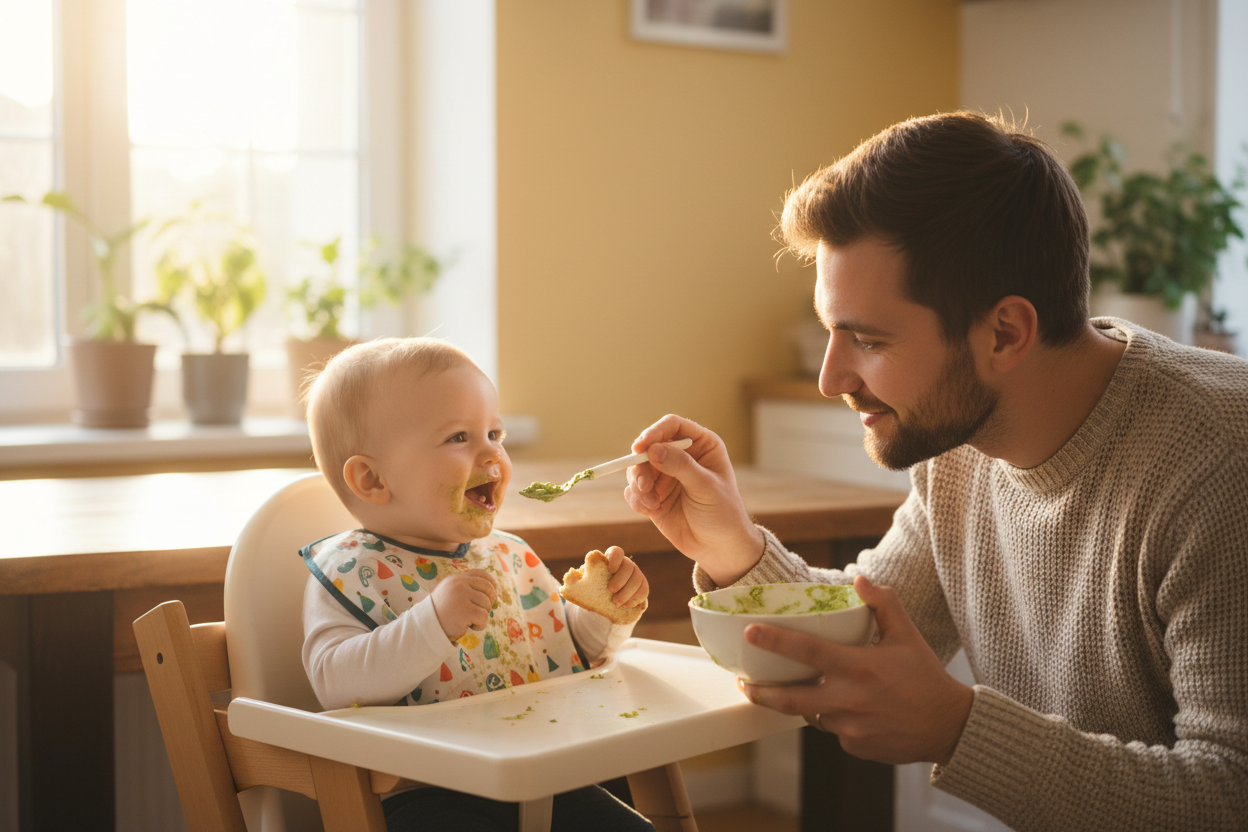 set pappa con bambino che mangia