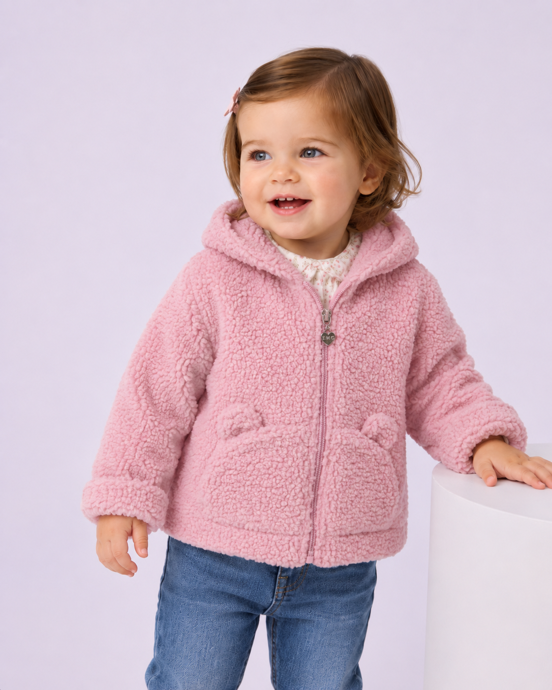 Giacca Bimba EMC Rosa in Teddy con Cappuccio e Orecchie