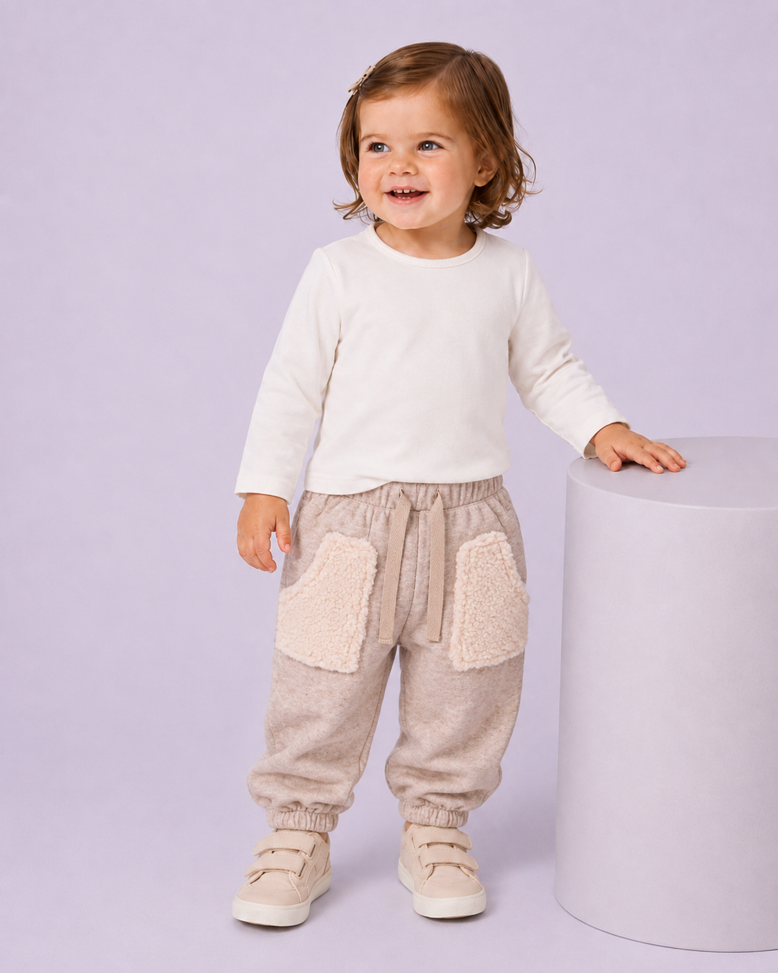 Pantalone Bimbo Sabbia con Tasche in Ecopelliccia