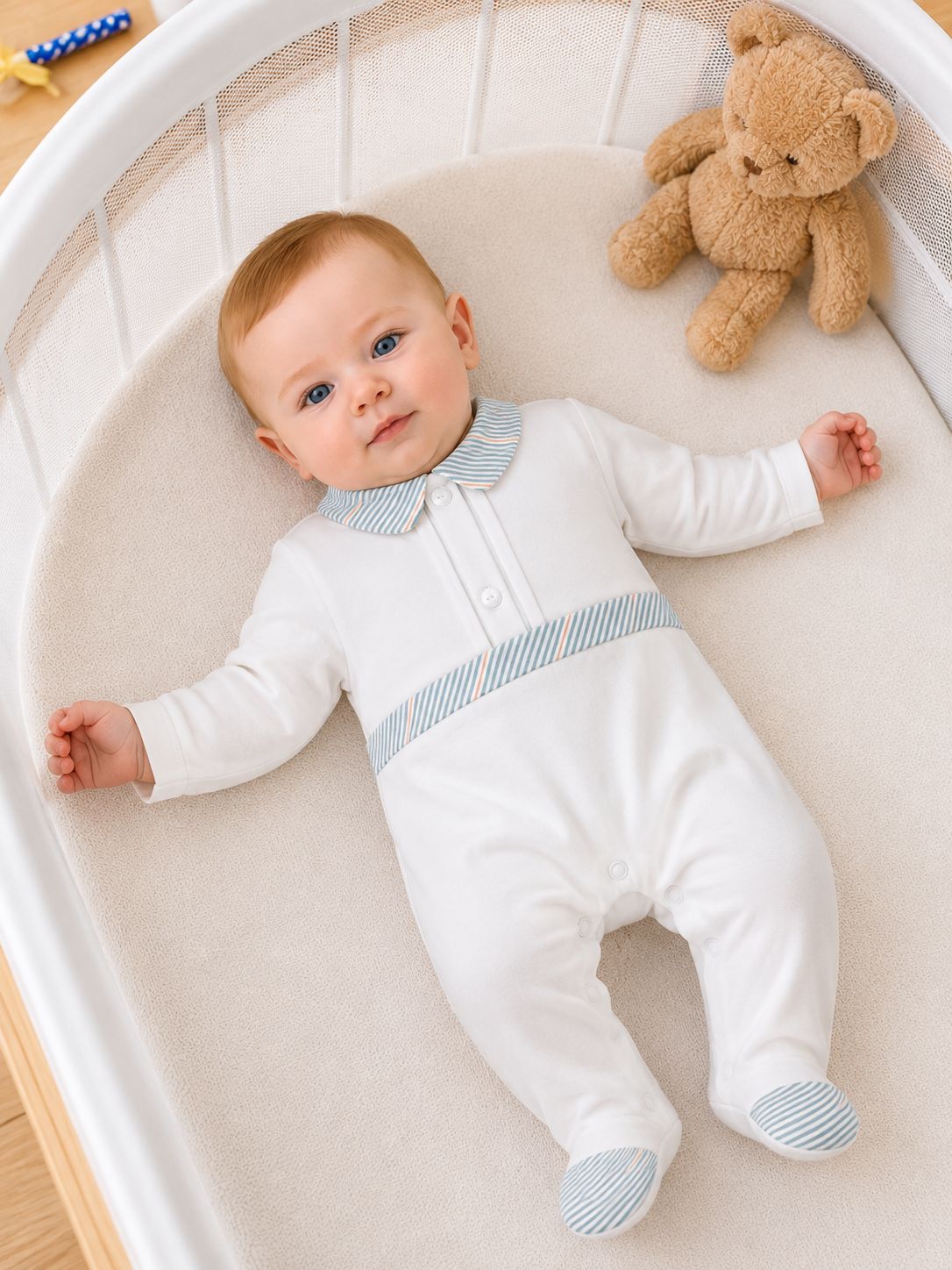Tutina Lunga Neonato in 100% Lino Bianco con Dettagli a Righe e Piedini