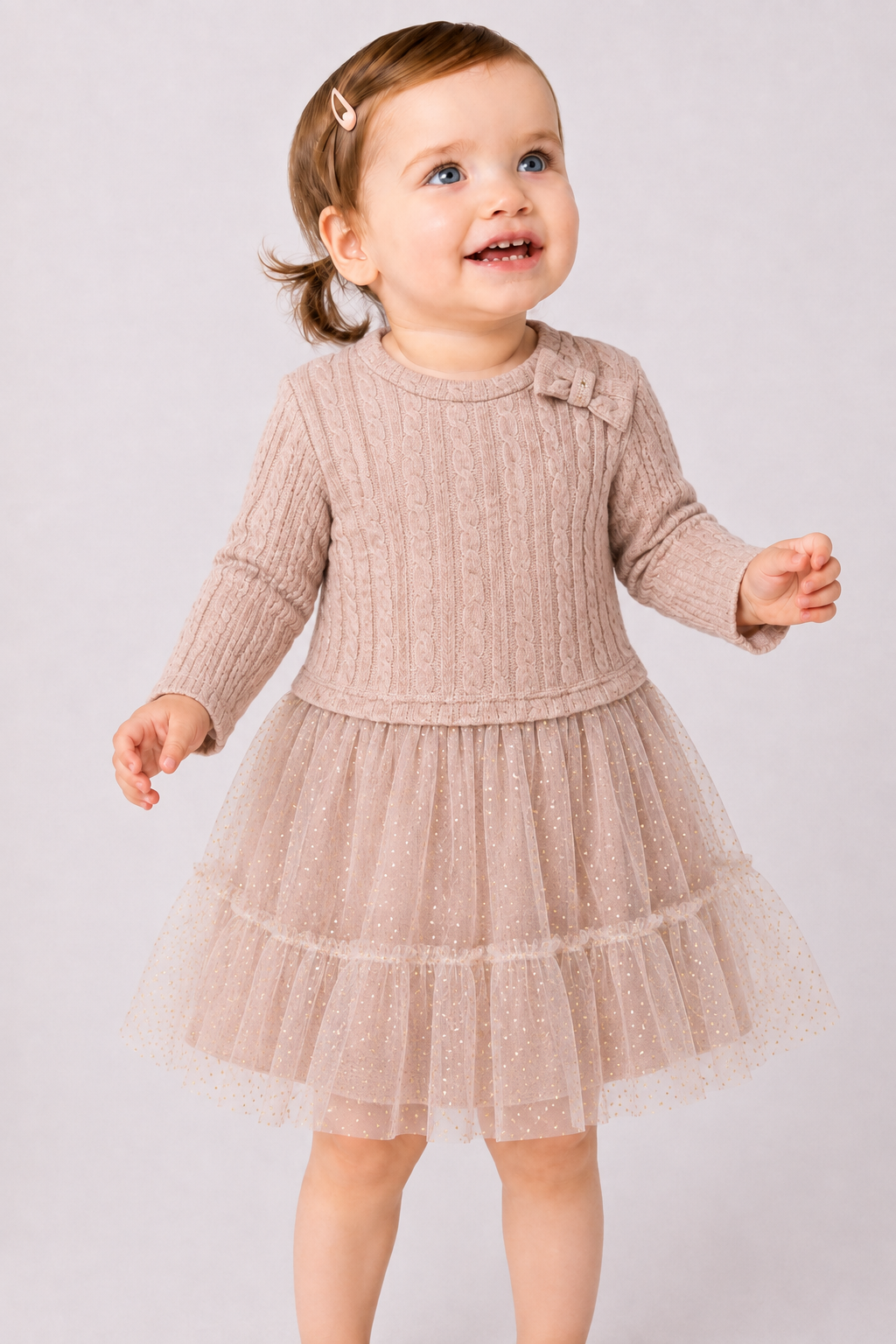 Vestitino Bimba Beige in Maglia con Gonna in Tulle